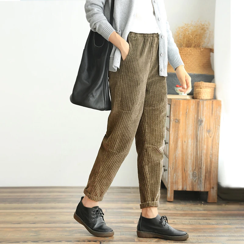 

TongKou Autumn and winter retro straight pants elastic waist corduroy trousers large size loose ladies harem pants casual pants
