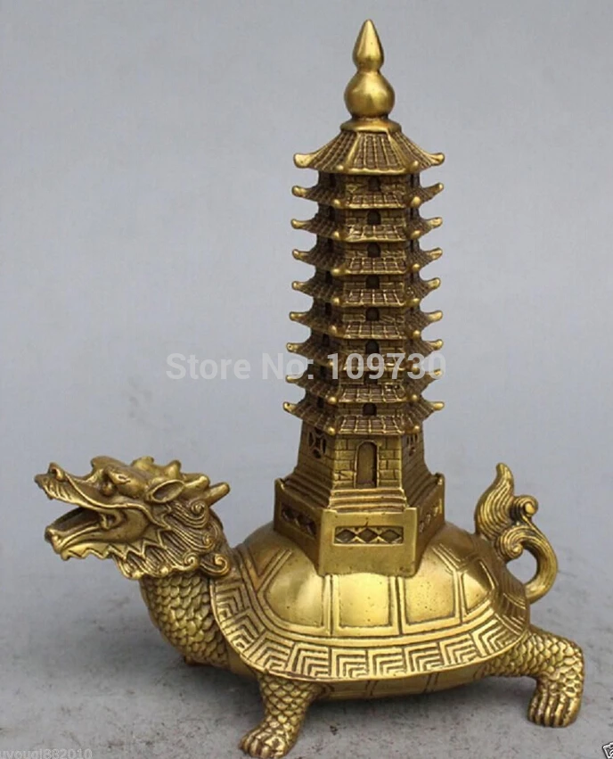 

001256 9" Chinese Bronze Dragon Turtle Tortoise Buddhism Buddha Wen Chang Stupa Statue