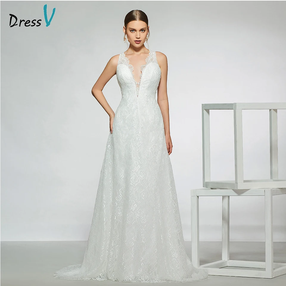 

Dressv elegant sample v neck a line wedding dress sleeveless backless floor length simple bridal gowns wedding dress