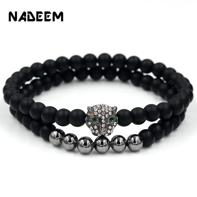 

Punk 6mm Black Matte Stone Leopard Bracelets Set Men Women Charm Couple 2Pcs/Sets Beaded Bracelet Sets Male Pulseira Caveira