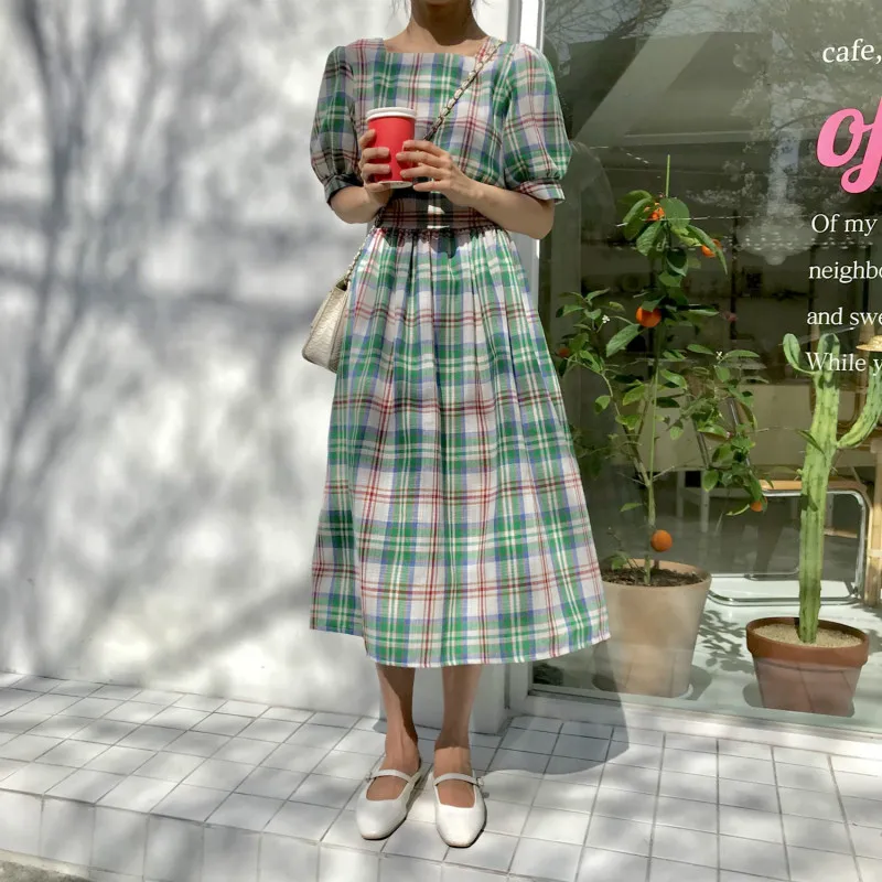 

Korean Women Summer Long Plaid Dress Square Collar Lantern Sleeves A-line Vestidos with Belt Plus Size Robe Femme Casual Jurken