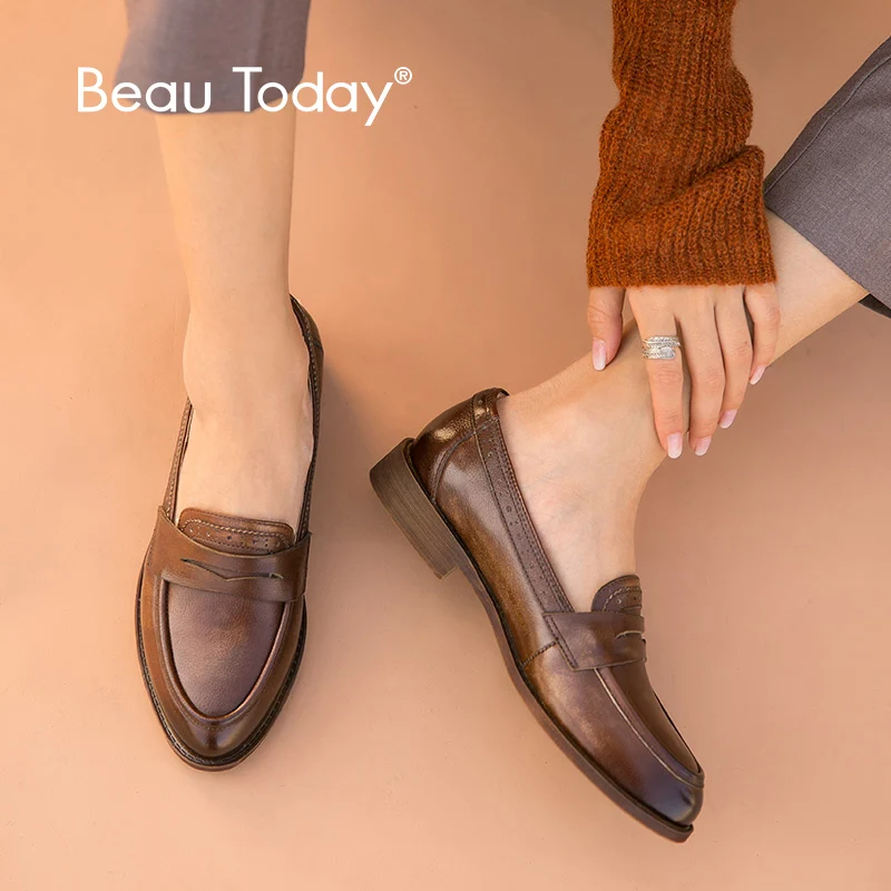

BeauToday Classic Penny Loafers Women Genuine Cow Leather British Style Pointed Toe Slip On Female Flat Shoes Handmade 27112
