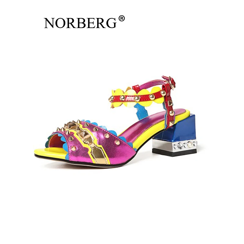 

NORBERG T word with women's sandals leather 2019 new fashion rivet color matching summer women's shoes high heels