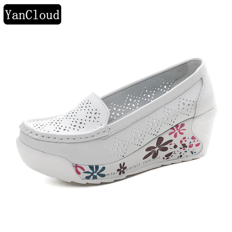 

Breathable Cutout White Nurse Shoes Women Sneakers 2019 Split Leather Loafers Ladies Wedge Heel Platform Shoes Moccasins