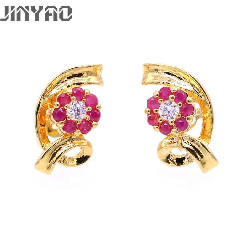 

JINYAO Fashion Wedding Party Jewelry Flower Red Cubic Zircon Pure Gold Color Party Stud Earrings For Women Boucle D'oreille Gift