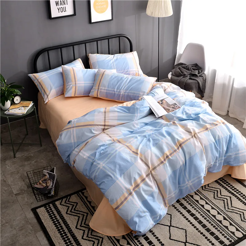 

Warm Light Blue + Orange Grid Pattern 3/4pcs Bedding Set Thick Sanding Cotton Bed Linens Queen/King Size Winter Duvet Cover Set