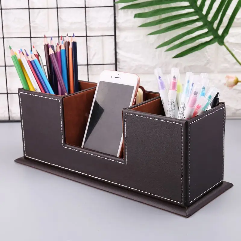 

27.5x9x10cm Multifunctional Office Desktop Decor Storage Box Leather Stationery Organizer Pen Pencil Remote Control Phone Holder