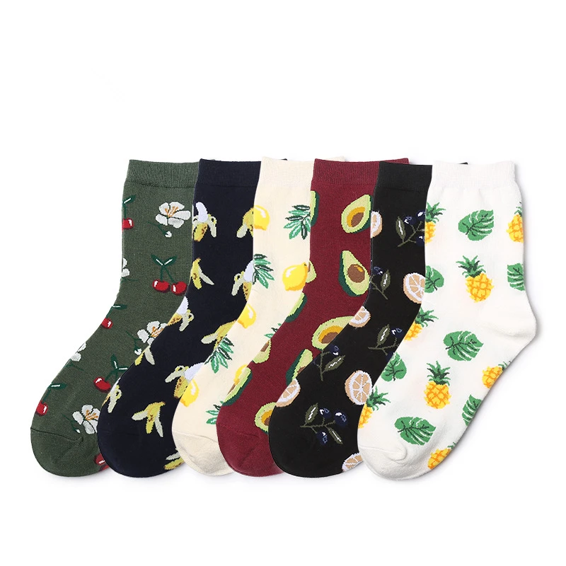 Femmes taille Fruits frais chaussettes Oranges tropicales myrtille citrons ananas cerises avocats bananes feuille de palmier sain