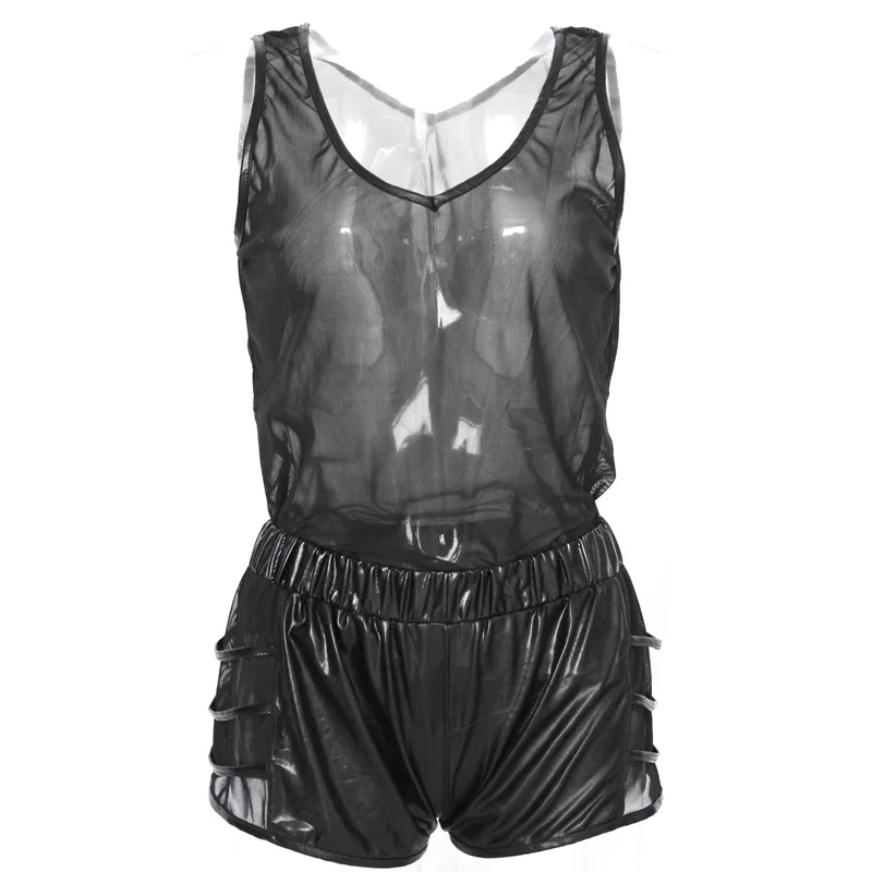 

New Sale Men Sexy Lingerie Underwear Sleeveless Sheer Mesh Top Leather Hollow Out Boxers Men Erotic Lingerie W850536