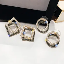 Япония корейская мода ювелирные изделия маленькие двойные серьги с кристаллами и жемчугом геометрические универсальные массивные серьги для женщин