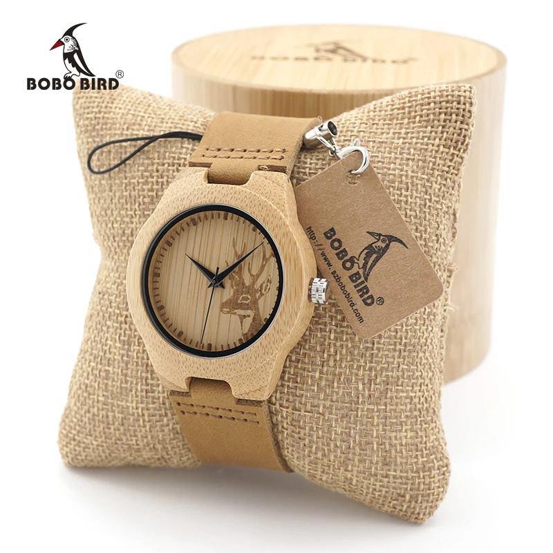 BOBO BIRD Wooden Watch Lovers Engrave Deer Bamboo Dial Quartz Wristwatch with Genuine Leather Band in Gift Box BOBO BIRD Wooden Watch Lovers Engrave Deer Bamboo Dial Quartz Wristwatch with Genuine Leather Band in Gift Box