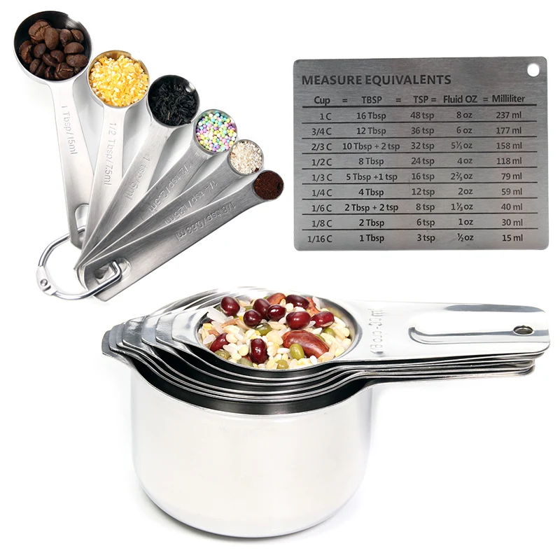 US $23.35 Stainless Steel Measuring Cups And Spoons Set Of 14 Stackable Set With Spout Measurement Conversion Chart Kichen Accessories