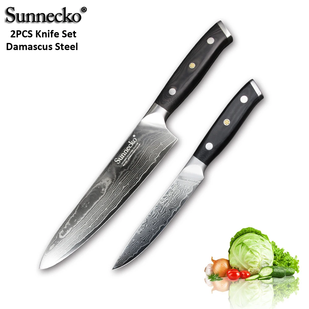 SUNNECKO 2 шт. нож из дамасской стали комплект Santoku универсальный нож для очистки овощей японский VG10 Core Шлифовальный G10 ручка шеф-повара нарезки лосося повара ножи