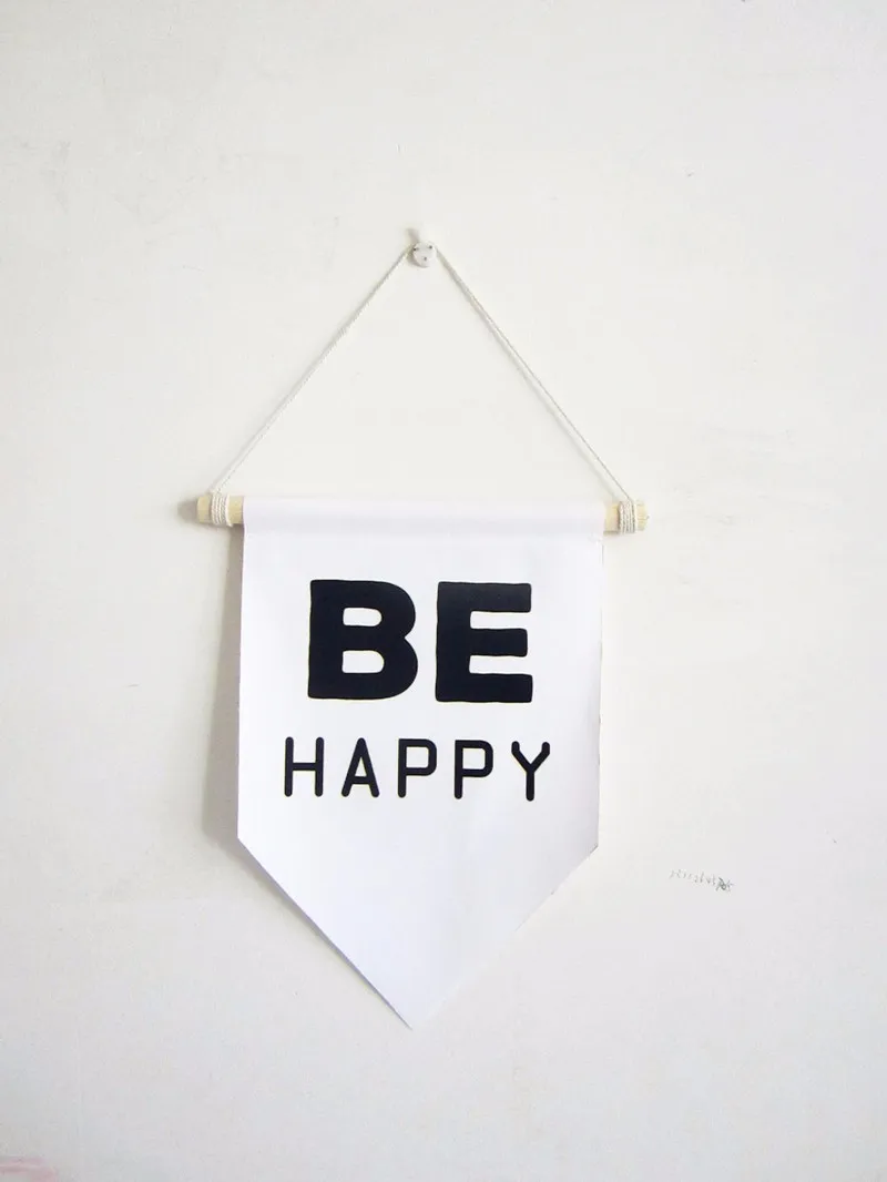 

BE happy wall flag with frame,canvas print pennant sign,vintage style wall hanging art for kids room decor