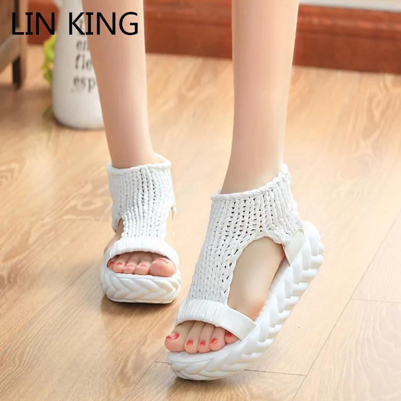 

LIN KING Top Quality Leisure Women Wedges Sandals Wook Knit Platform Shoes Anti Skid Student Shoes Ladies Slip On Lazy Sandals