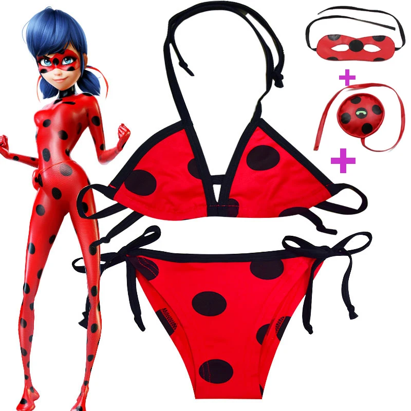 

3-12Y Ladybug Girls Beach Bikini Swimwear Summer Party Dress Red Mask Bag Lady bug Kids Girl's Halloween Summer Swimsuit Sets
