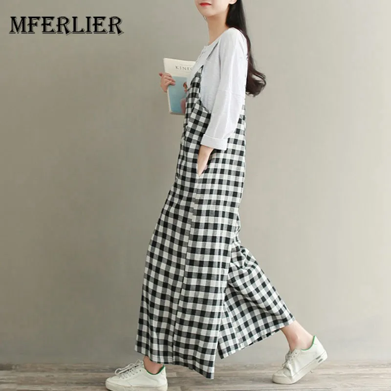 

Mferlier Women Summer Cotton Linen Wide Leg Pants Plus Size Spaghetti Strap Patchwork Artsy Loose Casual Plaid Pants