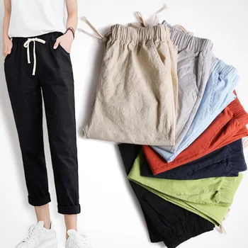 

1pcs women pure Cotton hemp trousers female girl Student summer thin casual loose casual Sashes Pockets Solid color Harem Pants