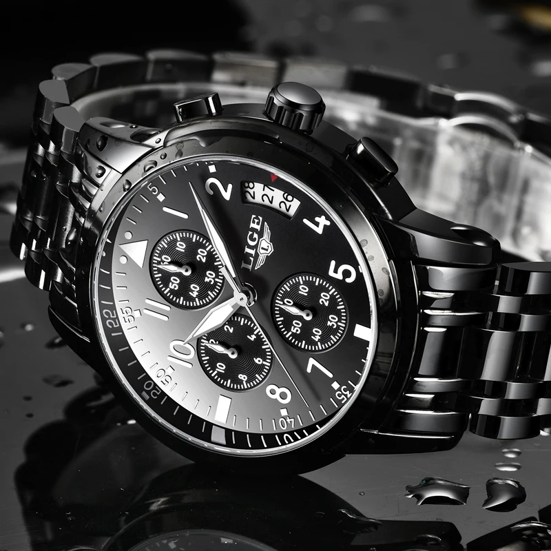 LIGE Top Luxury Brand Men Sport Quartz Watch Full Steel Black Mens Watches Dress Business Fashion Waterproof Military Male Clock