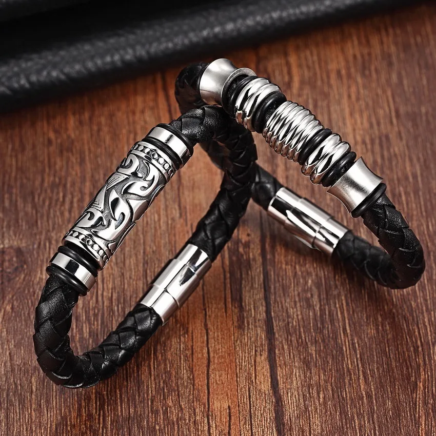 

XQNI Skeleton/Totem Combination Fix Design With Stainless Steel Magnetic Clasp Genuine Leather Bracelet for Valentine's Day Gift