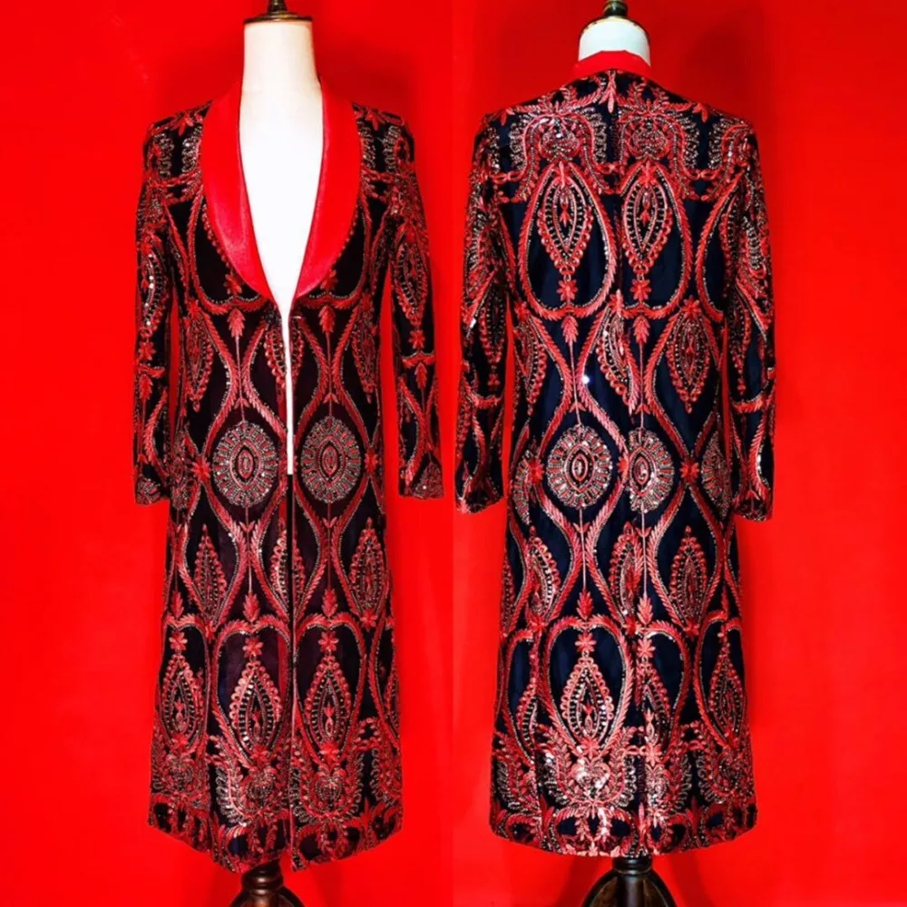 

Fashion Embroidery Black Red Pattern Men's Jacket Men Singer Dance Show Nightclub Outfit Prom Party Clothes Long Outfit