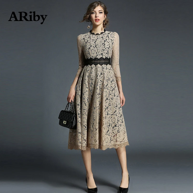 Women Dress Slim Elegant Plus Size Dress 2019 Spring Summer New Fashion Office Lady Lace Stitching Empire Seven-Sleeve Dresses