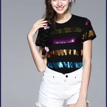 Летние новые стильные женские белые или черные топы, модные хлопковые лоскутные Футболки с коротким рукавом с блестками
