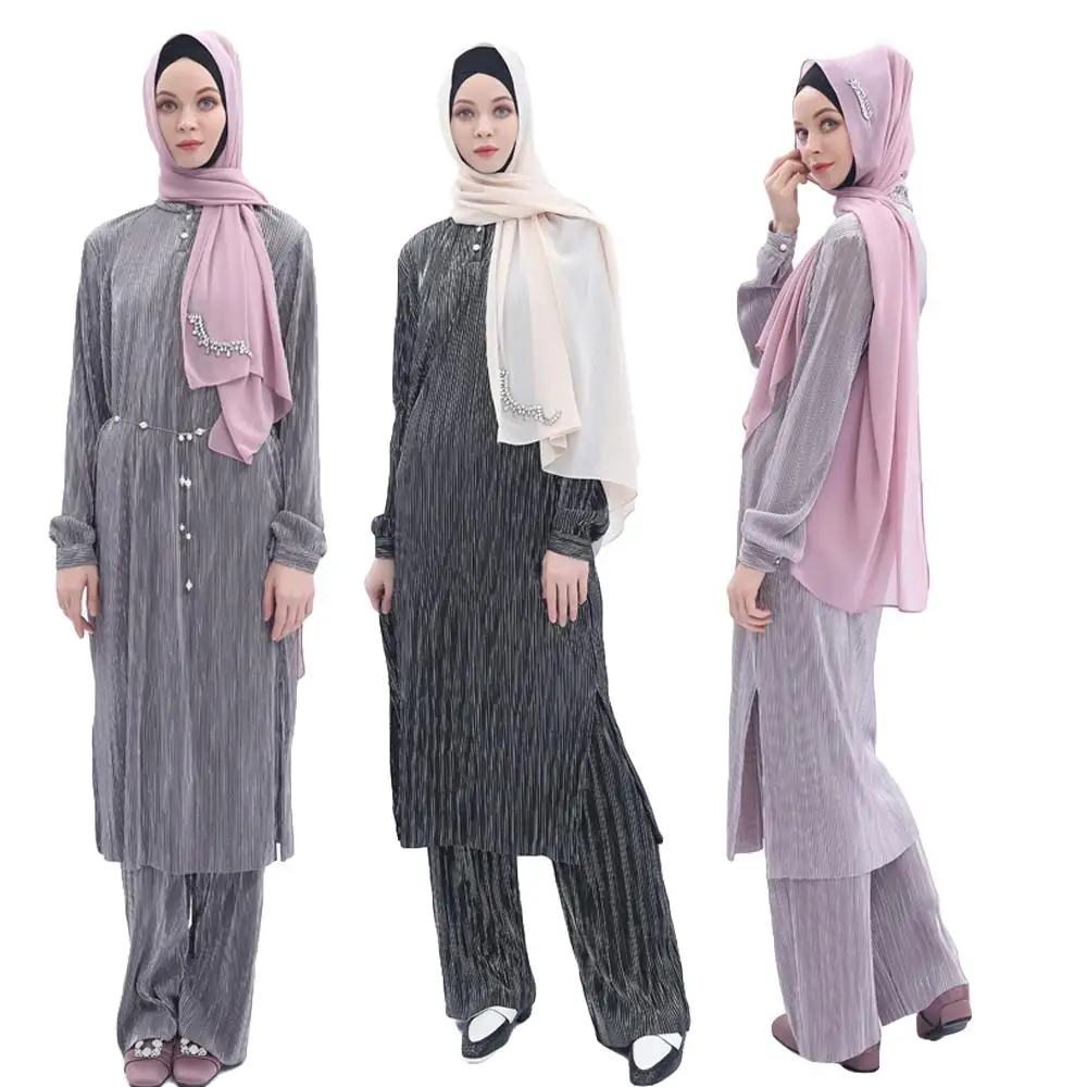 

Two Piece Muslim Pleated Long Sleeve Top Pants For Women Abaya Dress Dubai Clothing Casual Islamic Sets Prayer Worship Service