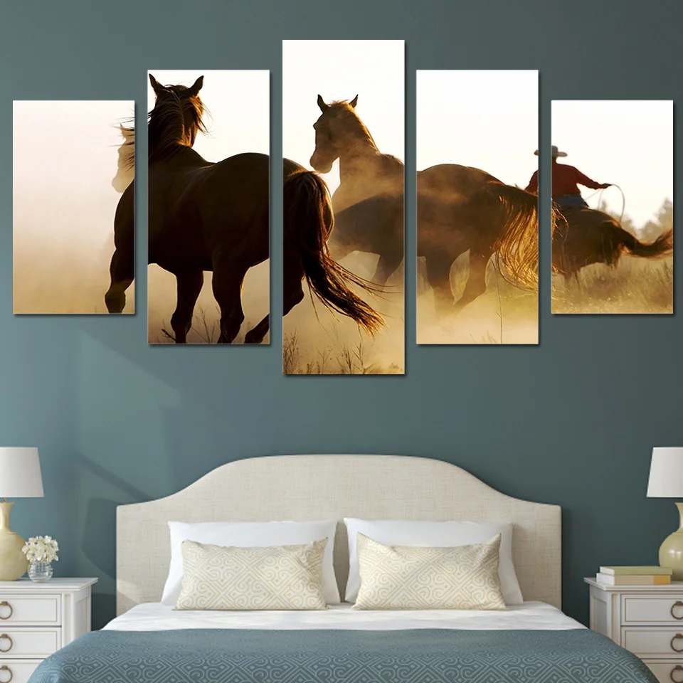 

HD Home Decoration Abstract Living Room Printed Pictures 5 Panel Animals Horse Wall Art Modular Cuadros Poster Frame PENGDA