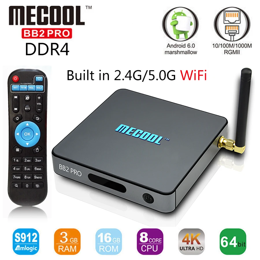 

MECOOL BB2 Pro Amlogic S912 Octa core Android 6.0 TV BOX DDR4 3G 16G UHD 4K WiFi Gigabit LAN Smart Tv box Android TV Set Top Box
