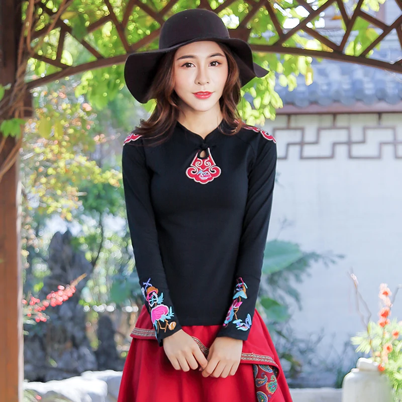 

Traditional Chinese shirt women autumn winter ethnic design mandarin collar long sleeve black white embroidery blouse tee top