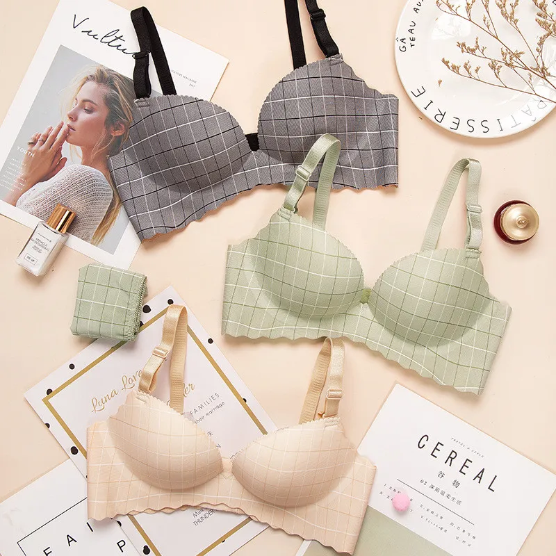 

Korean Style Spring Summer Intimates Sexy Checked Bras Women Seamless Plaid Lolita Bra Push Up Lingerie Female Underwear Girl
