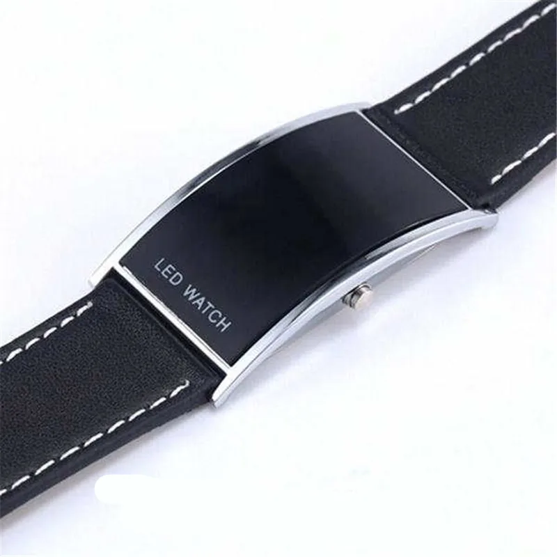 Светодиодный минималистичный кожаный мужской смарт-электронные часы Женский Бренд таинственные черные электронные наручные часы