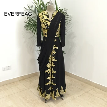 

2020 Elegant Black Muslim Evening Dress Dubai Moroccan Islamic Long Sleeve Gold Applique Floor Length vestido de festa