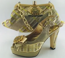 Gold Color Women Pumps Italian Shoe And Bag Set African Wedding Shoe And Bag Sets Women Shoe And Bag To Match For Party ME6606