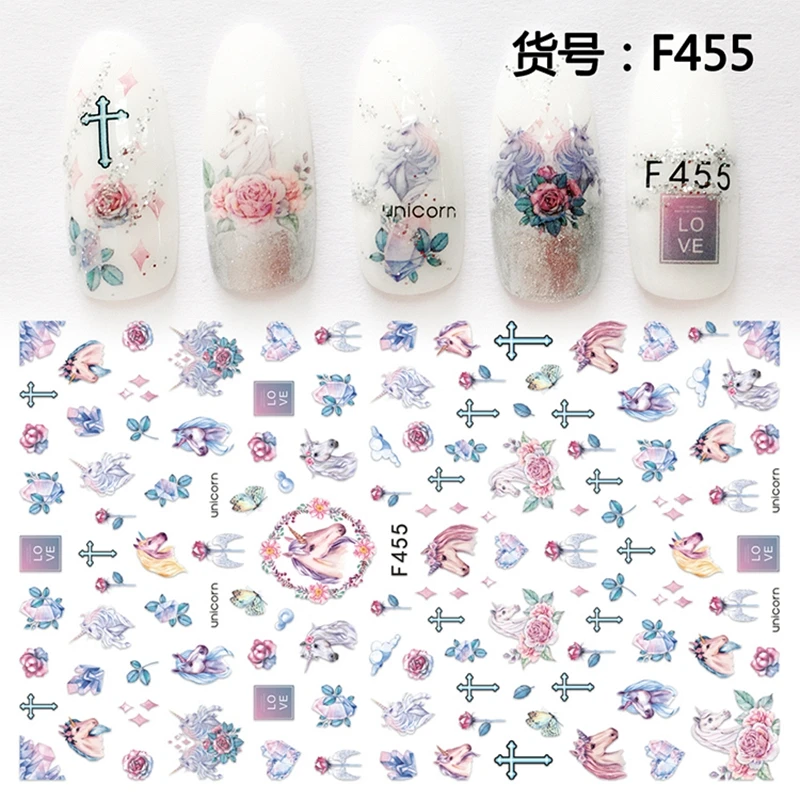 Self Adhesive Flower Unicorn Pattern Nail Art Decorations Stickers Decals Acrylic Manicure Nails Supplies Tool