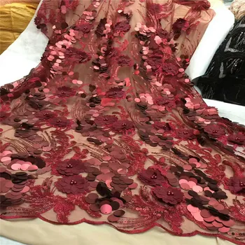 

African French Lace Fabric with sequins High Quality African Tulle Lace Fabric with Beaded Red African Sequin Lace FabricA1053-1