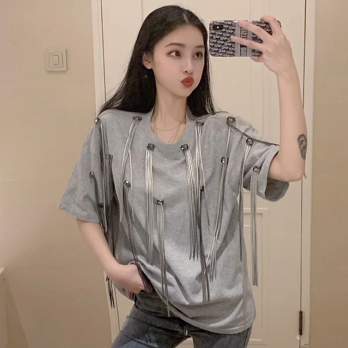

Spring Wear New 2019 Women's Diamond Inlaid Tassel Leisure Short Sleeve T Shirts Women's Hong Kong Style Fashion Garments MP337
