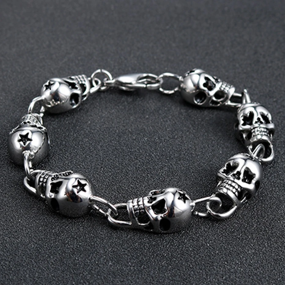 

2018 Cool Punk Skull Biker Men's Bracelet for Men 316L Stainless Steel Halloween Skeleton Chain Link Bracelet Gothic Jewelry
