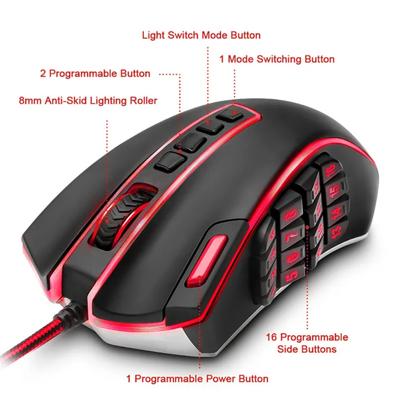 Redragon USB Wired RGB Gaming Mouse 24000 DPI 24 Buttons Laser Programmable Game Mice Backlight Ergonomic for Laptop 40AP1505