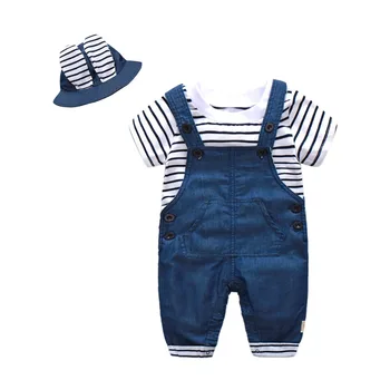 

Siyubebe Newborn Baby Boys Clothes Sets Infant Kids Cotton Short Sleeved+Casual Denim Suspenders+Hat 3PCS Children's Jumpsuits