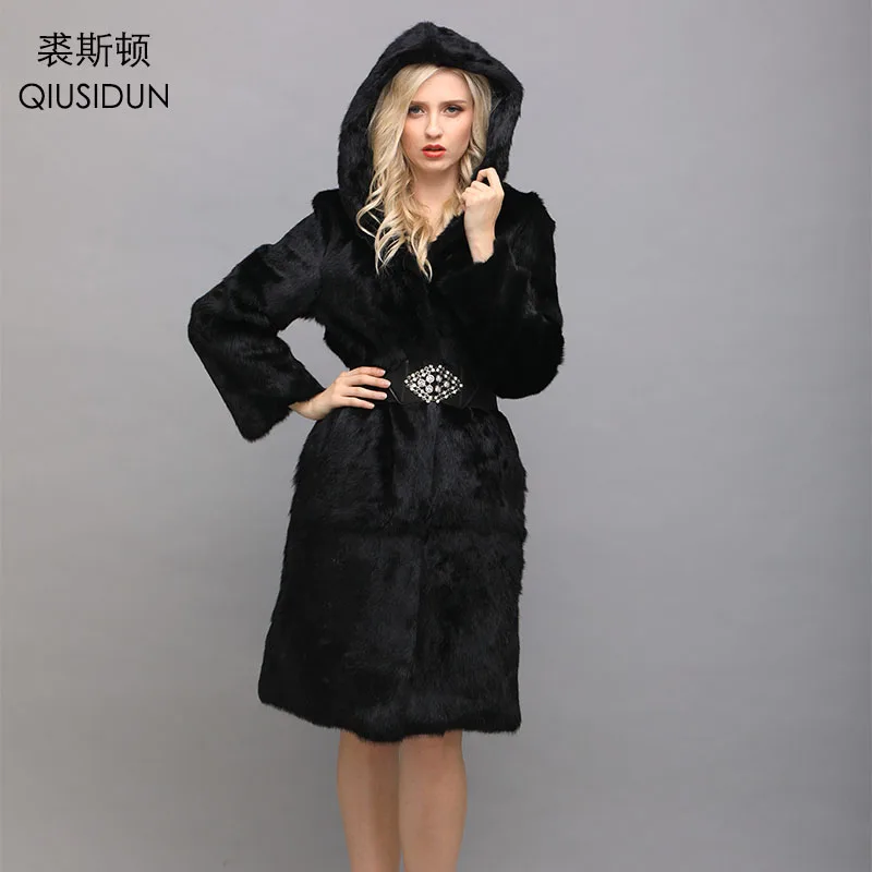 

QIUSIDUN Rabbit Fur Hooded Coat Real Natural Fur Coats For Women 2017 Winter Long Coat For Women's Jacket Big Size Black 7xl