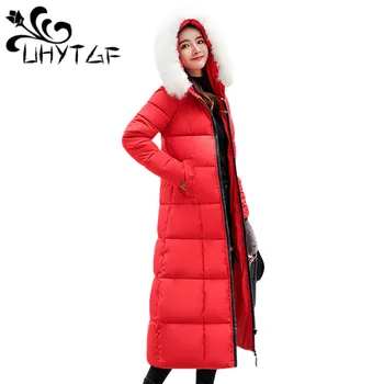 

UHYTGF Fashion Winter Clothes Parka Women 2018 Parka Larga Mujer Warm Jacket Hooded White Fur Collar Thick Plus size Long Coat