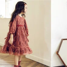 floral long sleeve dress Children's and girls double lace evening dress floral nine points sleeve hollow lace dress