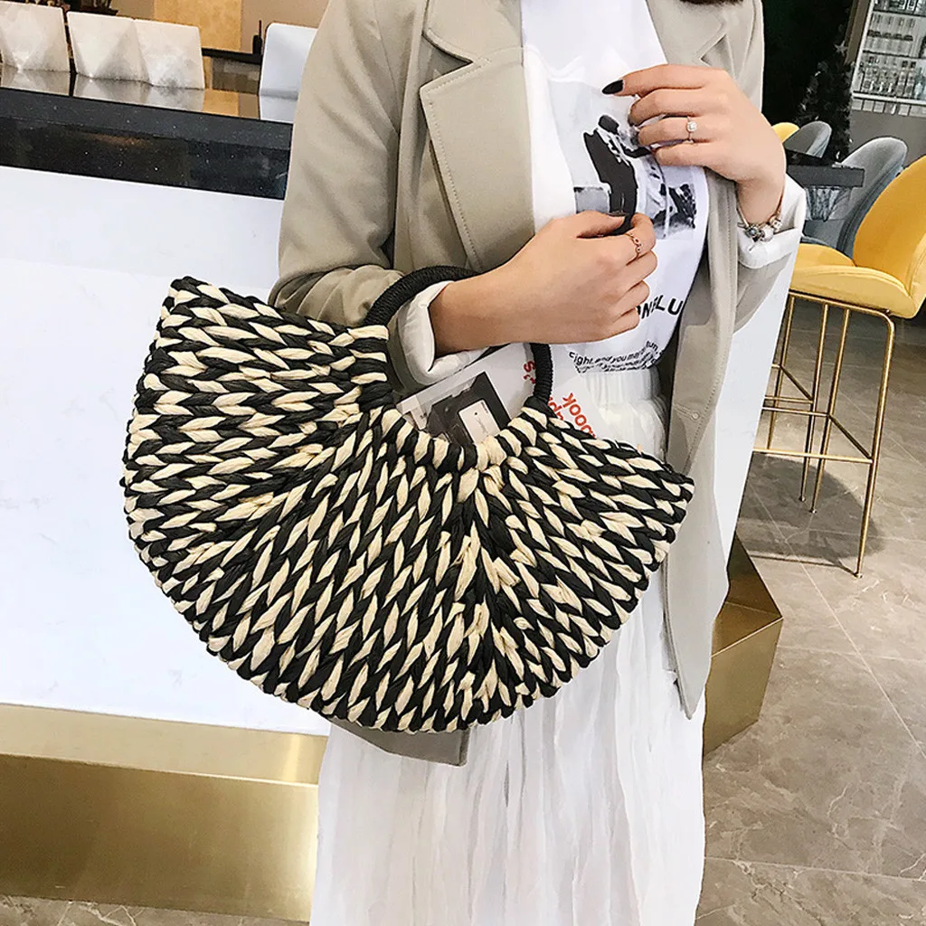 

2019 New Summer Straw Handmade Bags Women Pompon Beach Weaving Ladies Straw Bag Wrapped Beach Bag Moon shaped Bag 17 #0