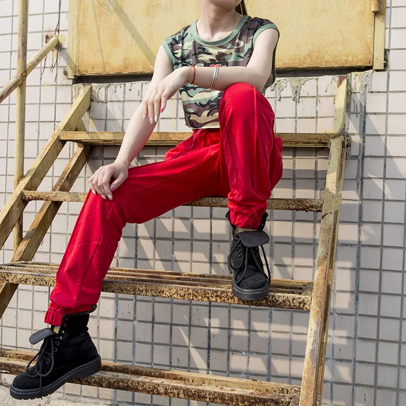 

Women Red Joggers Pants Letter Embroidery Trousers Loose Cargo Pants Casual Elastic Drawstring Sweat Pant