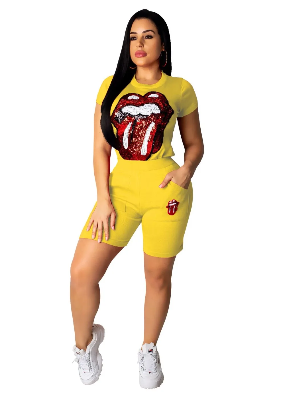

Women Set 2 Piece Outfits Big Lips Eyes T Shirts Knee Length Pants Streetwear Red Black Blue Yellow Pink New Sexy Sequins