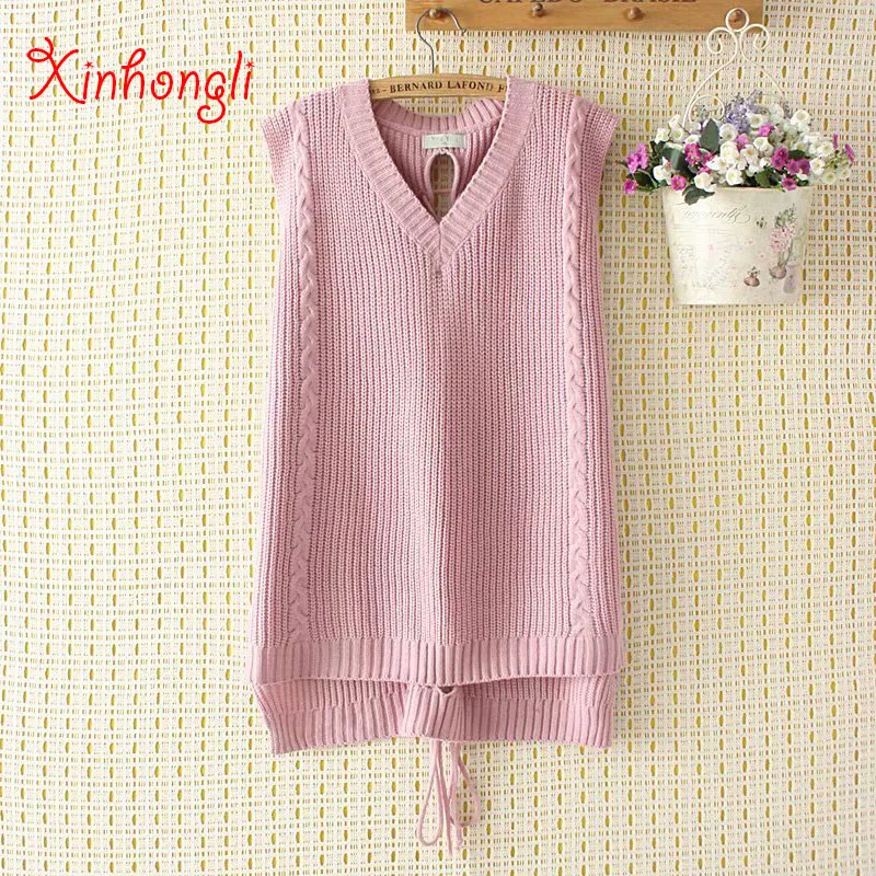 

Plus size Knitted Pull women loose sweater vests 2019 spring casual ladies V-neck back lace up sweater coats female wool tops