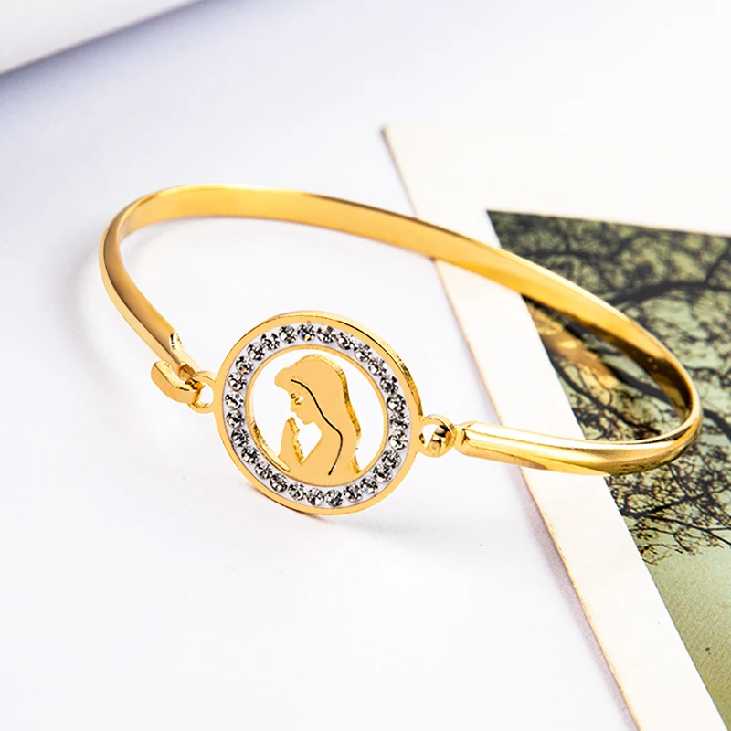 

Guvivi Religious Christian Stainless Steel Bangles Womens Jewellery Gold Color Round Charm Bracelets & Bangles Party Accessories