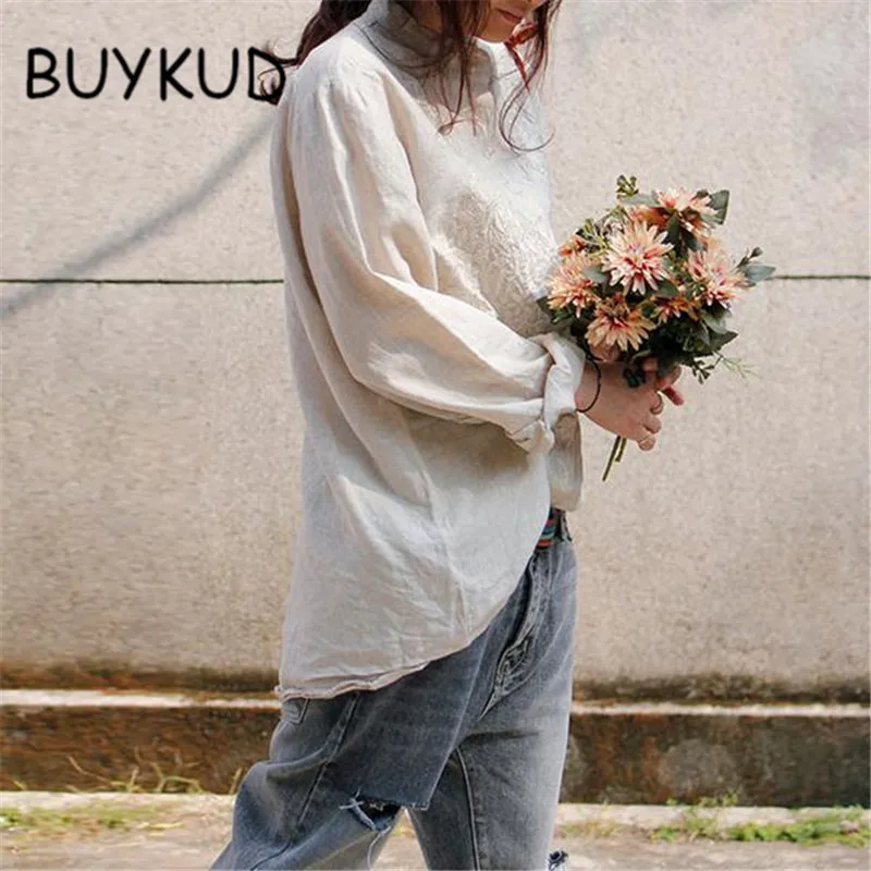 BUYKUD/Повседневная льняная блузка с вышивкой новинка 2018 рубашка длинными рукавами